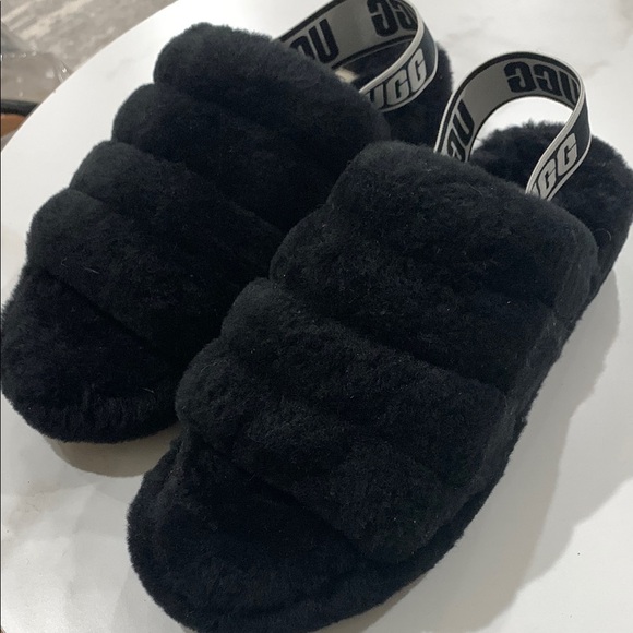 UGG Black Fluffy Slide Sandals - Picture 1 of 4